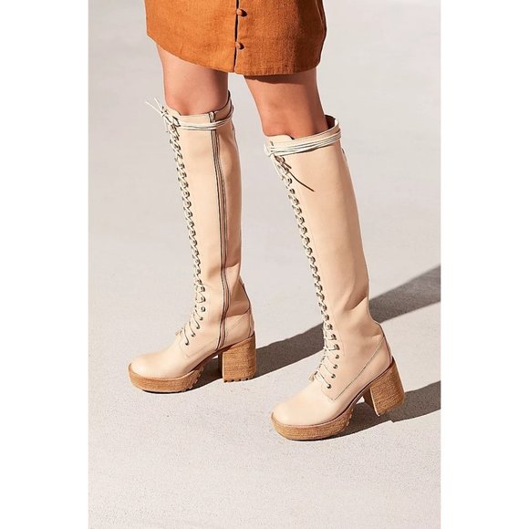 Free People Shoes - Jeffrey Campbell Haley Over The Knee Lace Up Boots Tan Leather Size 8.5